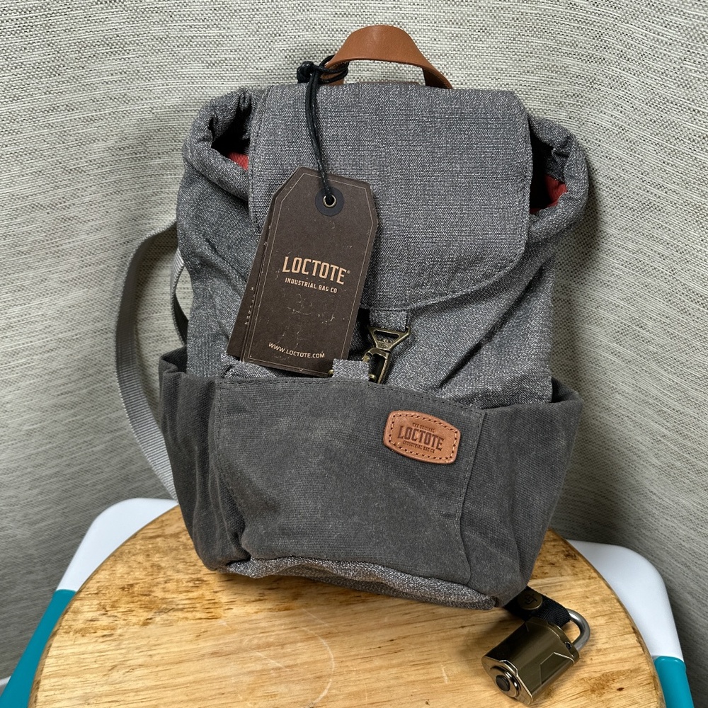 NWT Loctote Mini Cinch Canvas Backpack Vintage Gray RFID Small Bag